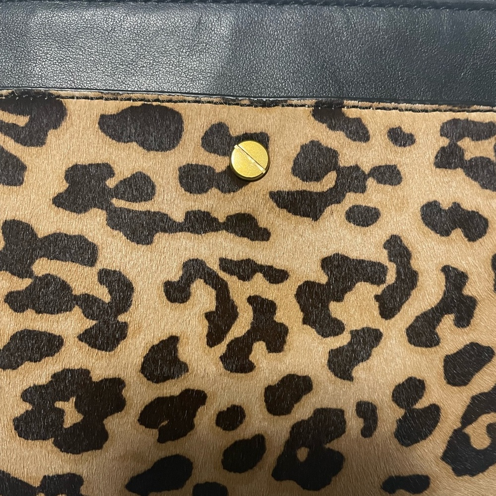 J Crew leopard print and black leather small clutch/ makeup bag. New w tags